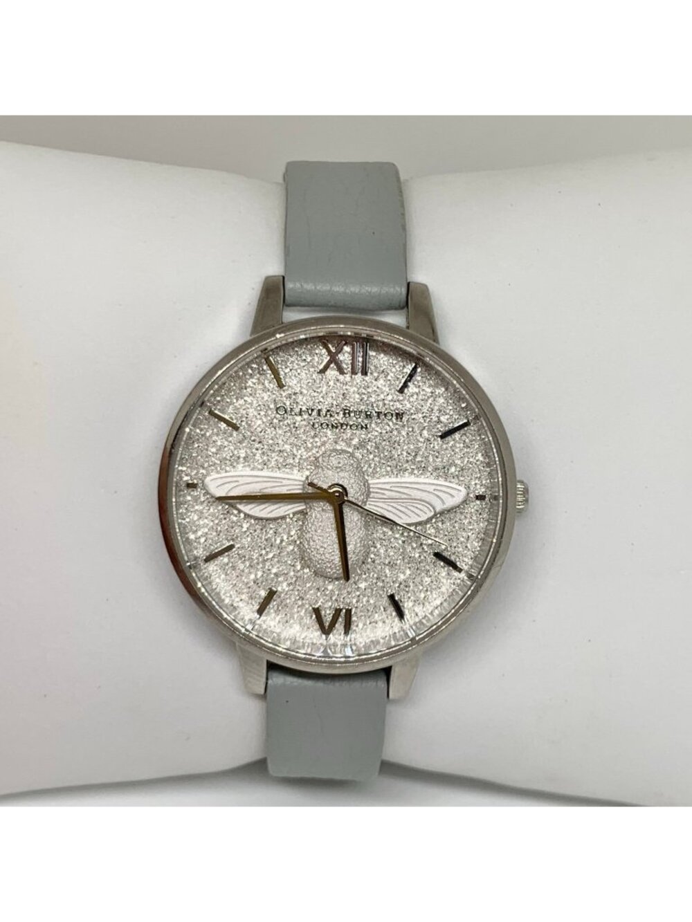 Olivia Burton London watch 3D bee dial 34mm stainless steel gray leather running